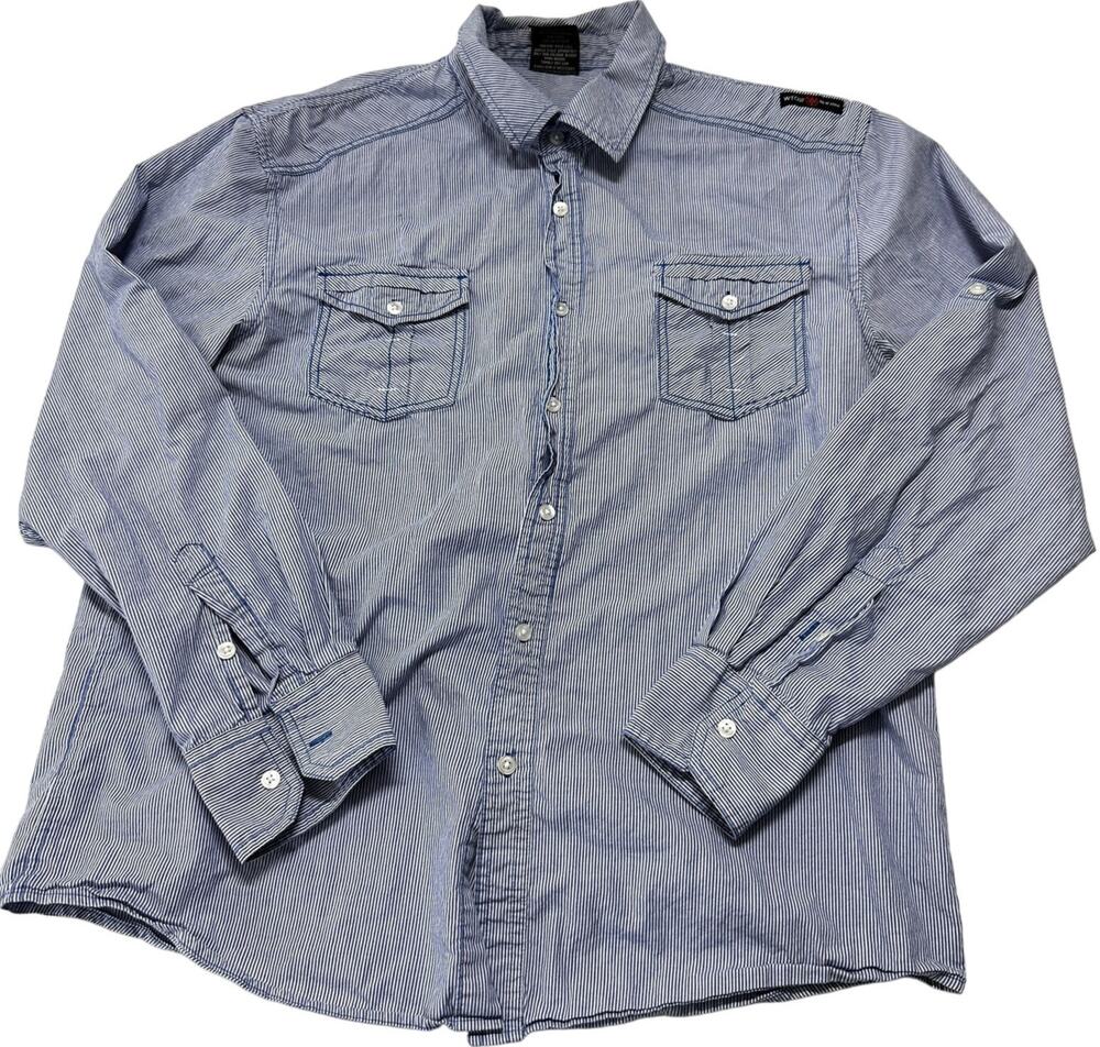 WT02 Shirt Men XXL Blue White Long Sleeve Button Up Cotton Streetwear Utility
